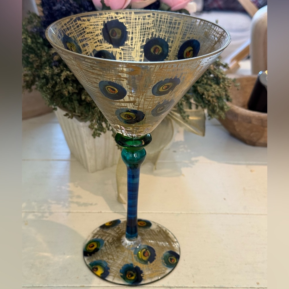 Artistic Hand painted  Martini Glass with Gold lattice and Blue olive Accents